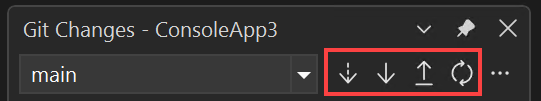 Captura de pantalla que muestra la ventana Cambios de Git con los controles de botón Capturar, Extraer, Insertar y Sincronizar resaltados en Visual Studio.