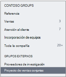 Captura de pantalla de Viva Engage barra de navegación que muestra una sección Grupos externos.