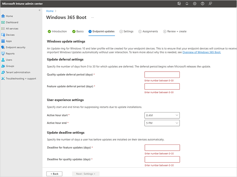 Captura de pantalla de la pestaña Actualizaciones del punto de conexión del escenario guiado de arranque de Windows 365.