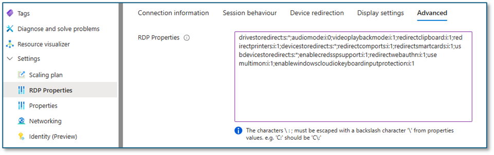 Captura de pantalla de la configuración enablewindowscloudiokeyboardinputprotection en Azure Portal propiedades rdp.