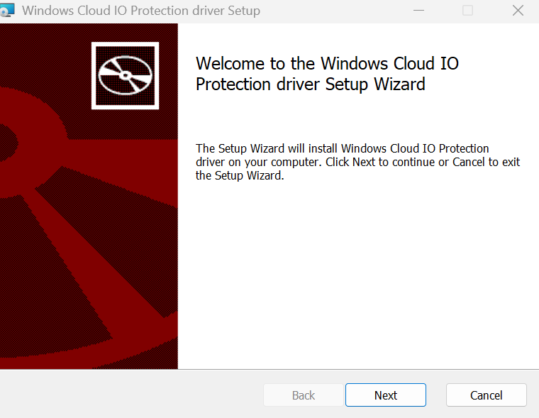 Captura de pantalla de la bienvenida de MSI para el controlador de Windows Cloud IO Protection.