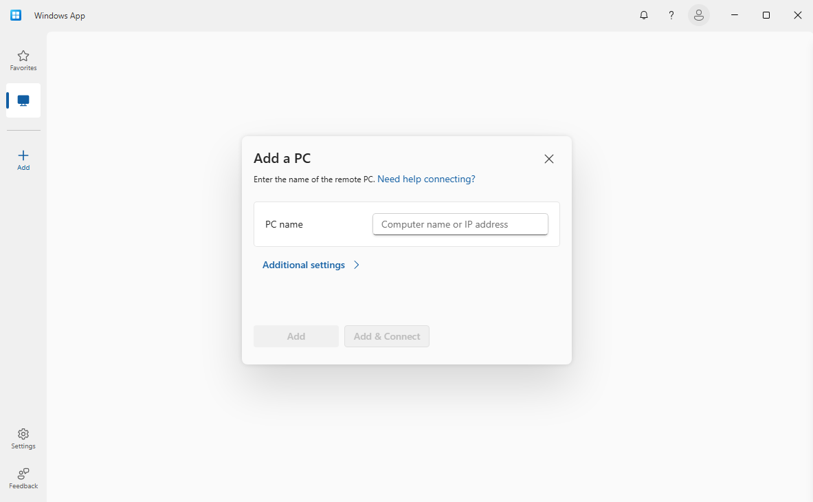 Captura de pantalla que muestra Windows Connect Remote PC.