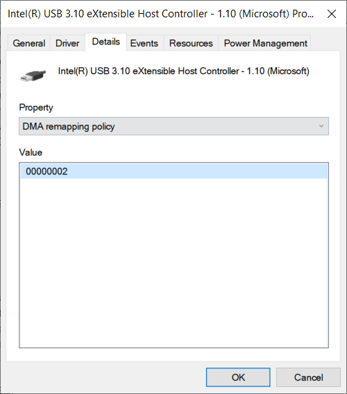 Captura de pantalla de la pestaña Detalles del Administrador de dispositivos que muestra la propiedad de directiva de reasignación de DMA para un dispositivo PCI.