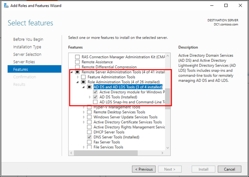 Captura de pantalla que resalta el módulo de Active Directory para Windows PowerShell y las opciones de herramientas de AD DS.