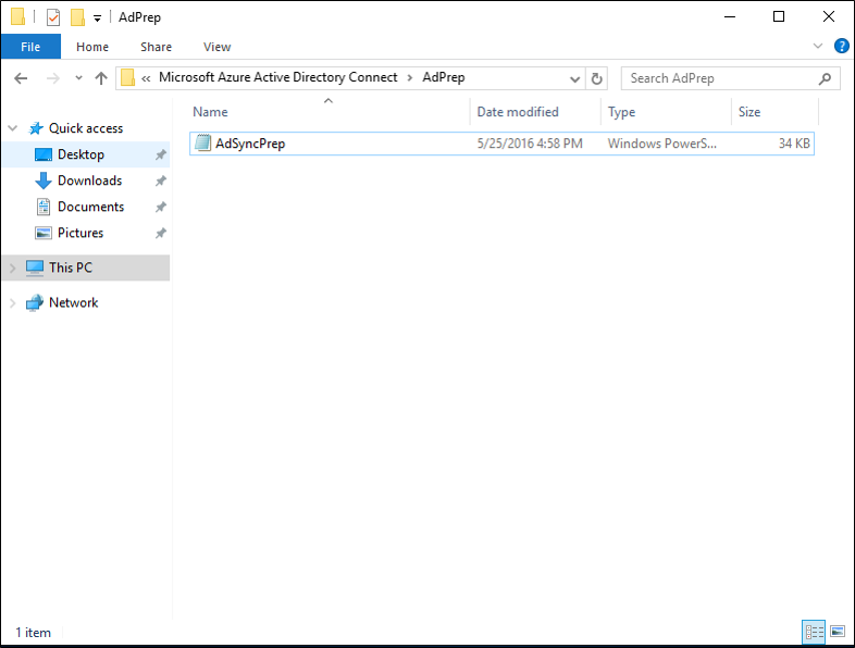 Captura de pantalla que muestra la ruta de acceso al archivo AdSyncPrep.