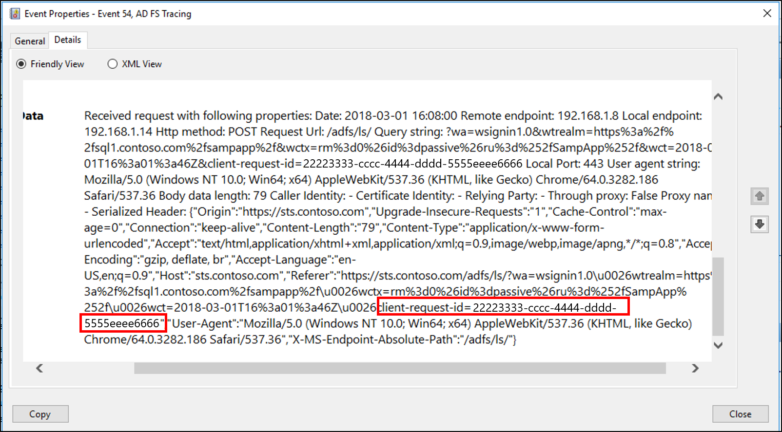 Captura de pantalla de la pestaña Detalles del cuadro de diálogo Propiedades del evento con el valor del identificador de solicitud de cliente resaltado.