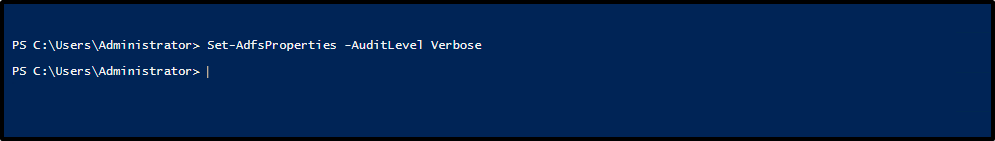 Recorte de pantalla de la ventana de PowerShell que muestra el cmdlet Set-AdfsProperties -AuditLevel Verbose escrito en el símbolo del sistema.