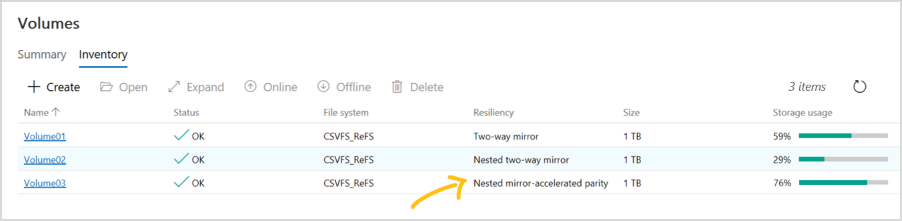Administración de volúmenes en Windows Admin Center.