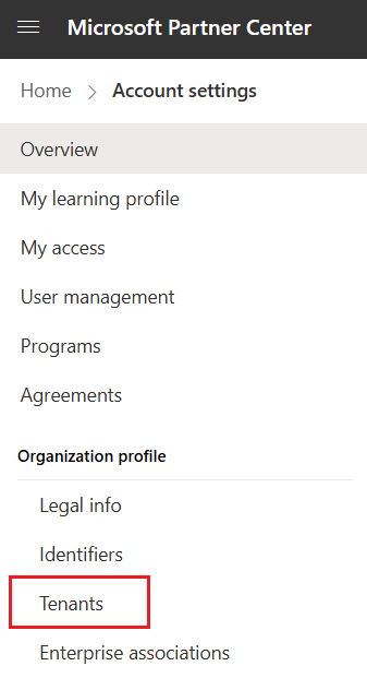 Captura de pantalla que muestra la opción Inquilinos en el menú Configuración de la cuenta en el Centro de asociados.