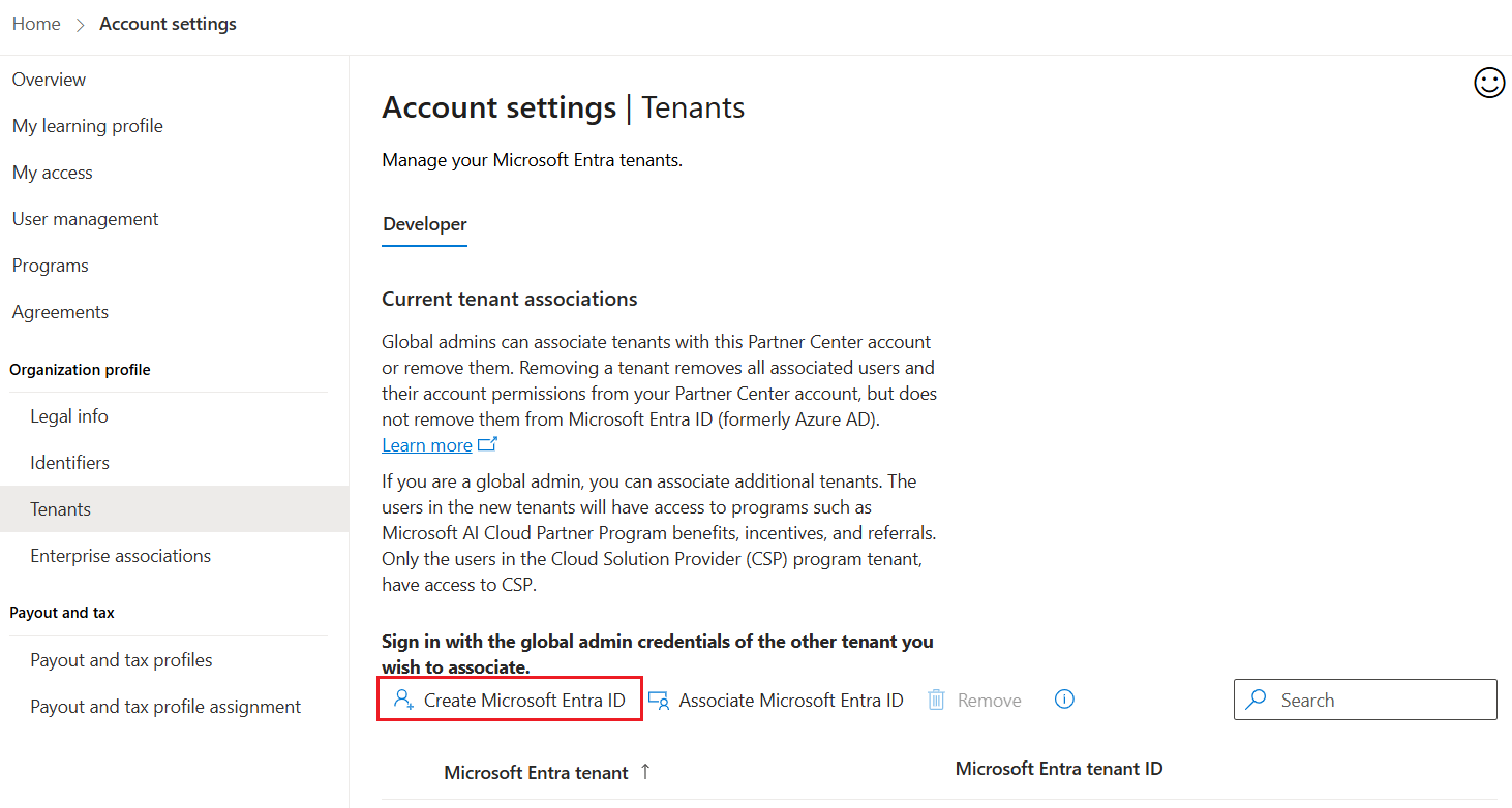 Captura de pantalla que muestra la opción Crear un nuevo identificador de Microsoft Entra desde la configuración de inquilinos del Centro de partners.