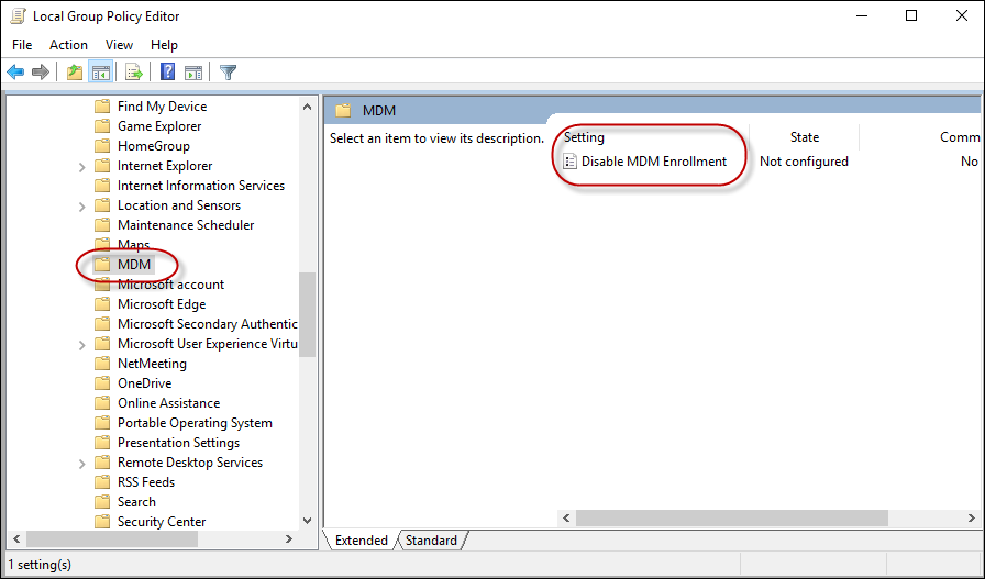Deshabilite la directiva de inscripción de MDM en la Editor gp.