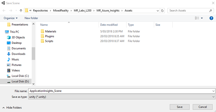 Captura de pantalla de la ventana Guardar escena con el nombre de archivo escrito.