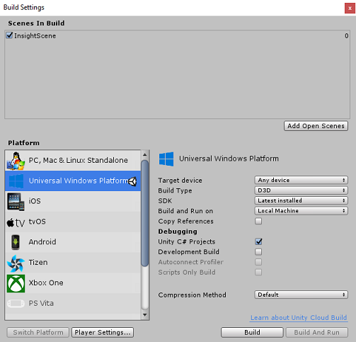 Captura de pantalla de la ventana Configuración de compilación en la que se muestran escenas en la compilación. 