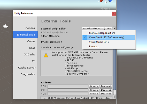 Captura de pantalla del menú del editor de scripts externo. Visual Studio 2017 está seleccionado.