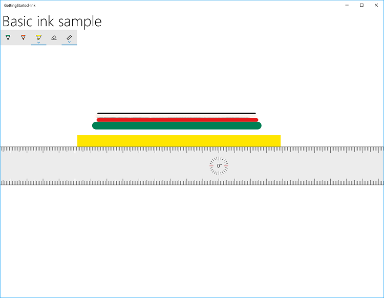 Captura de pantalla de la aplicación Basic Ink Sample, destacada en este tema con el InkToolbar predeterminado.