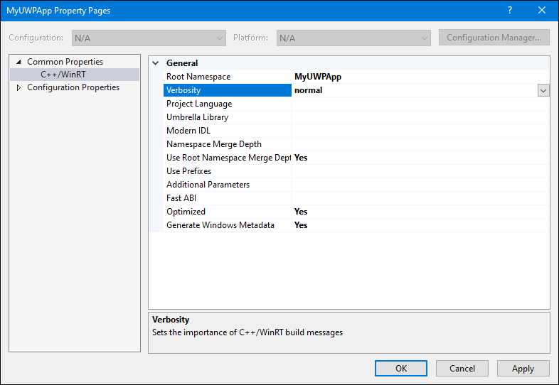 Captura de pantalla de la página de propiedades de project con propiedades comunes: C++/WinRT seleccionada, la propiedad Verbosity resaltada y el valor se establece en 