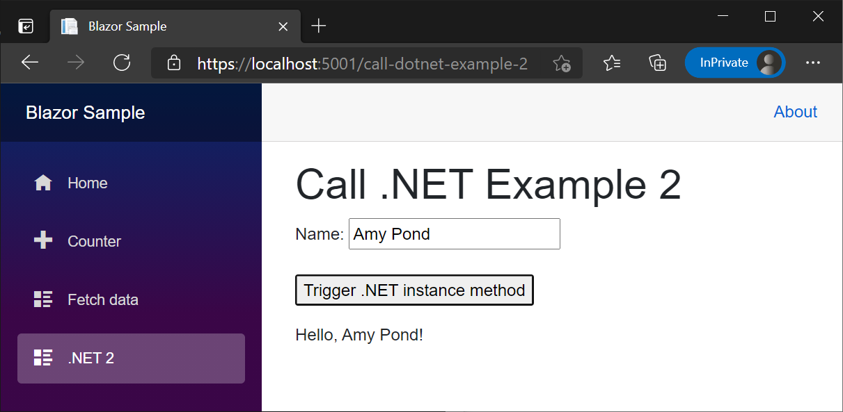 呈现的“CallDotNetExample4”组件示例