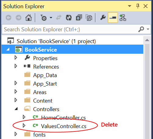 解决方案资源管理器窗口的屏幕截图，显示“ValuesControllers.cs”文件被红色高亮，指示该文件必须删除。