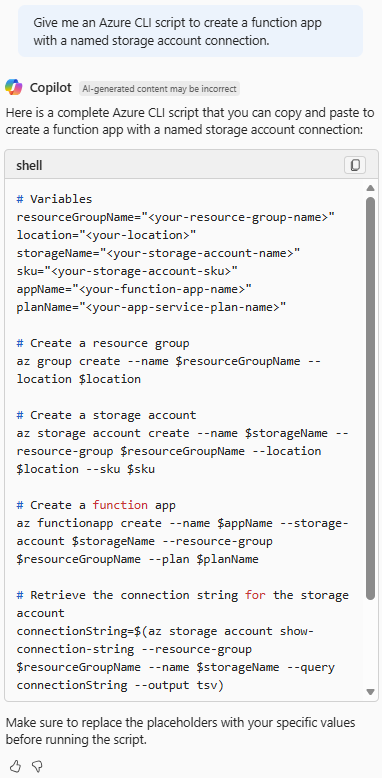 Azure Copilot 的屏幕截图，其中提供了一个 Azure CLI 脚本，用于使用连接的存储帐户创建函数应用。