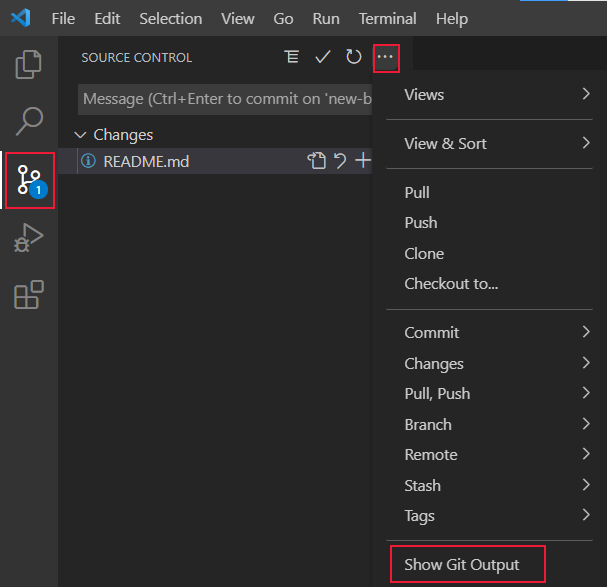 Visual Studio Code 源代码控件的屏幕截图，其中突出显示了“显示 Git 输出”选择。