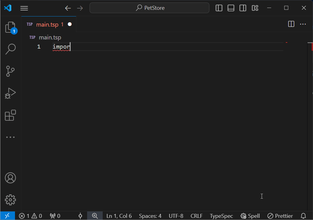 提供自动完成和语法突出显示的 TypeSpec 的 Visual Studio Code 扩展的动画屏幕截图。