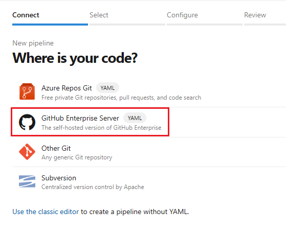 选择 GitHub 以作为代码位置的屏幕截图。