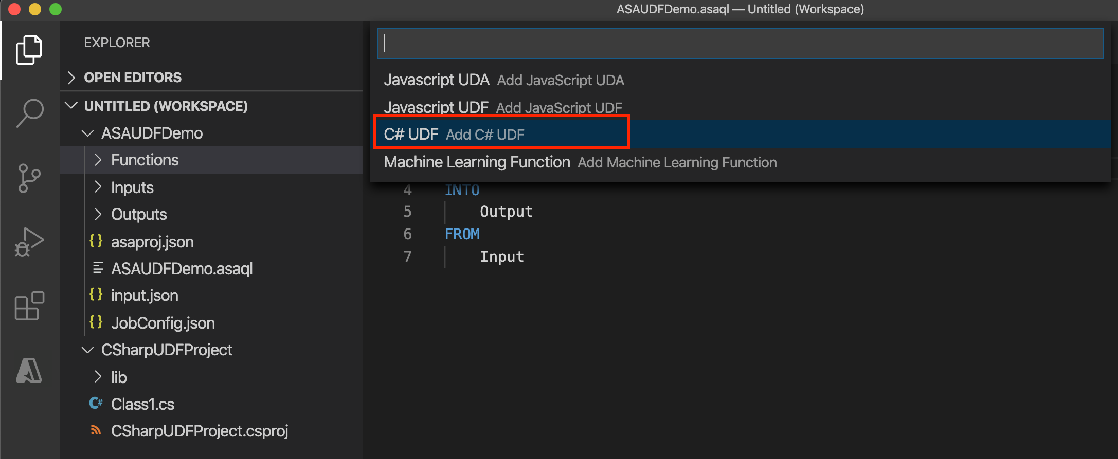 从 VS Code 中的流分析项目中选择 CSharp 函数