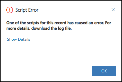 脚本错误对话框的屏幕截图，其中显示了模型驱动应用中的 JavaScript 调试信息。