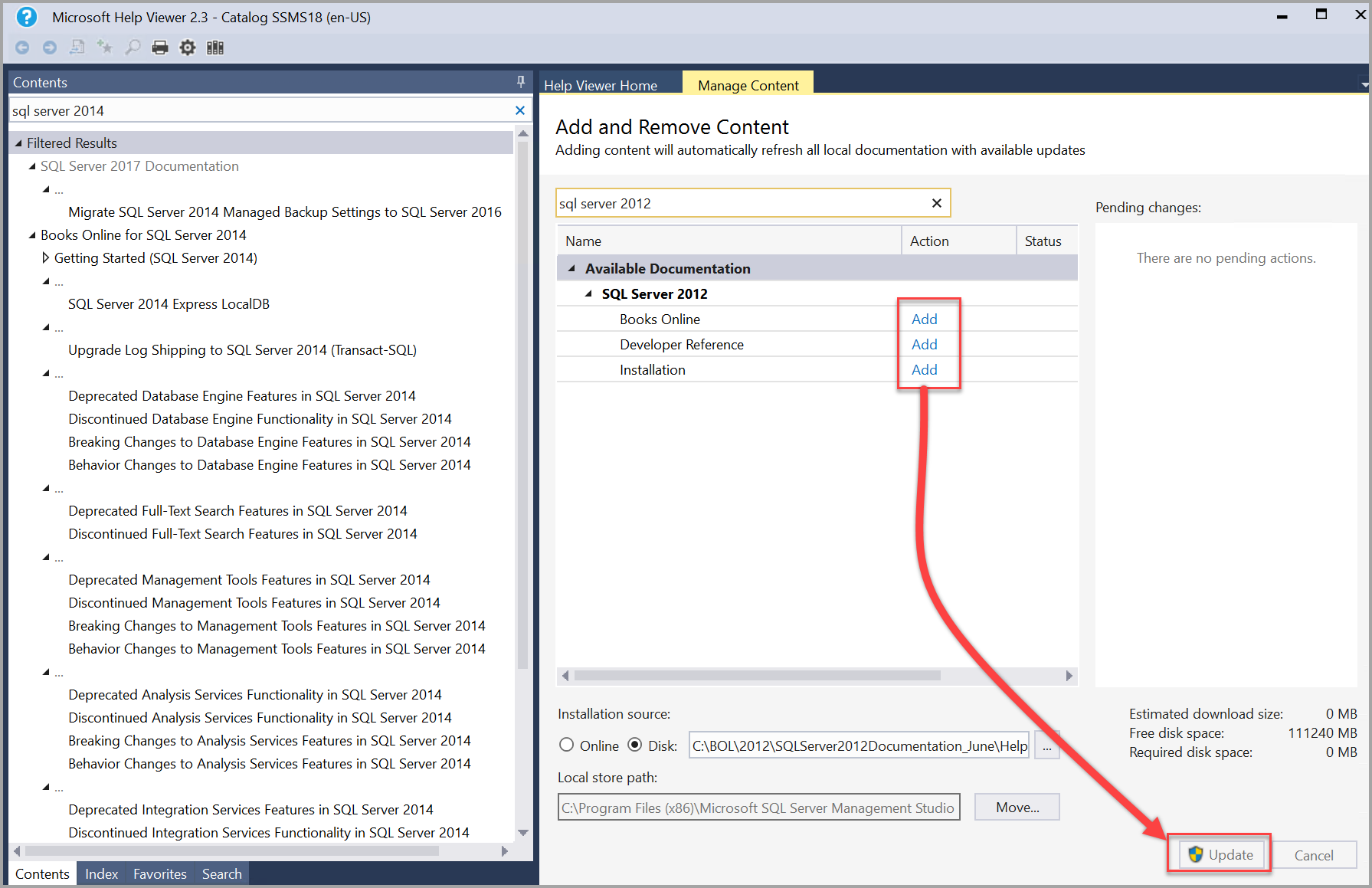 SQL Server 2014 书籍添加和更新至帮助查看器