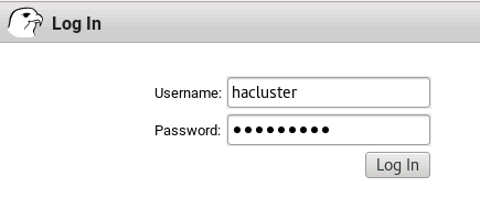 Pacemaker Web UI 登录页的屏幕截图，其中输入了 hacluster 用户名。