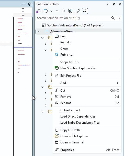 SQL Server Management Studio 中 解决方案资源管理器 的截图，并显示可用的生成选项。