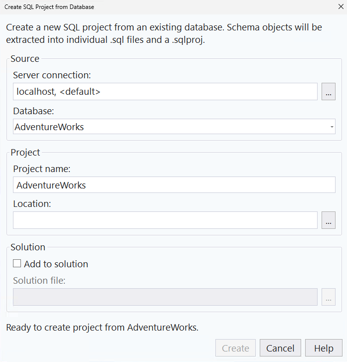 SQL Server Management Studio 中“从数据库”对话框里的“新建 SQL 项目”屏幕截图。