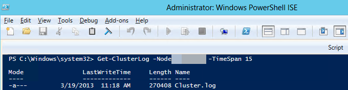 Windows PowerShell 中 Windows 群集日志的屏幕截图。
