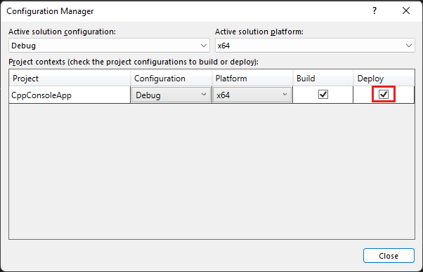 在 Visual Studio 解决方案资源管理器中，显示 Configuration Manager 的屏幕截图。选择了“调试”配置，并勾选了“部署”。