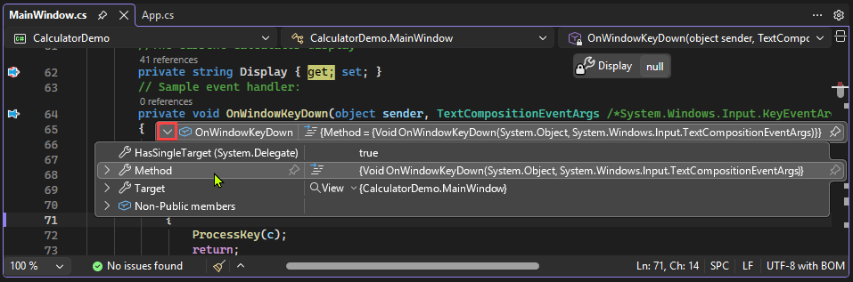显示如何在 Visual Studio 的数据提示中为对象选择展开箭头的屏幕截图。