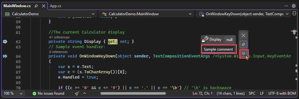 显示如何在 Visual Studio 的数据提示中输入注释的屏幕截图。