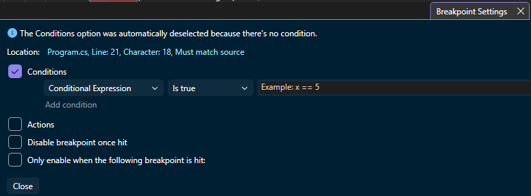 显示如何在 Visual Studio 中设置条件断点的屏幕截图。