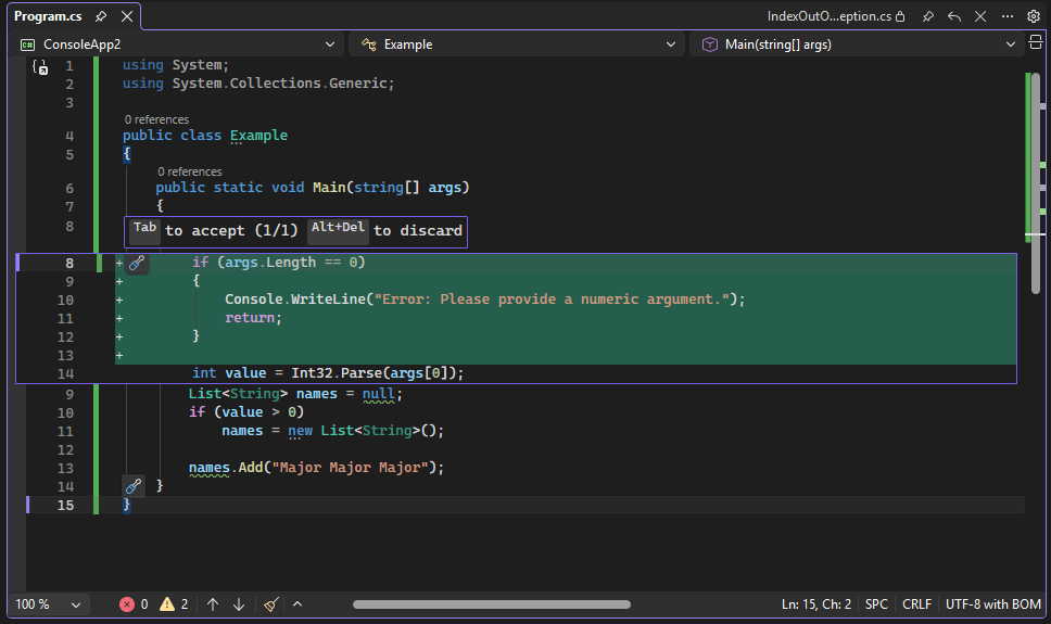 Visual Studio 中的代码预览截图。
