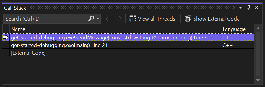 显示如何在 Visual Studio 2022 中检查调用堆栈的屏幕截图。