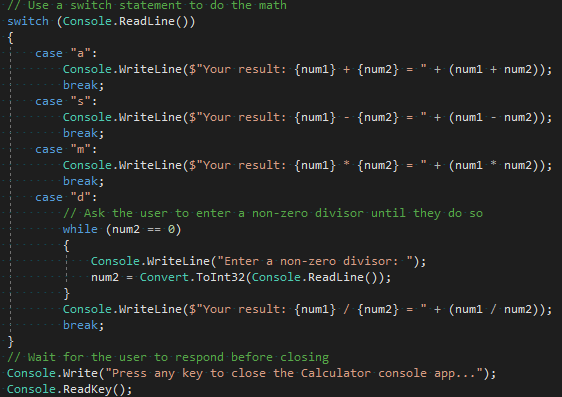 显示 Visual Studio Code 编辑器中修订后的开关部分的屏幕截图。