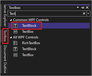 截图显示在 Visual Studio 2022 的“工具箱”窗口中，TextBlock 控件在“常用 WPF 控件”列表中被突出显示。