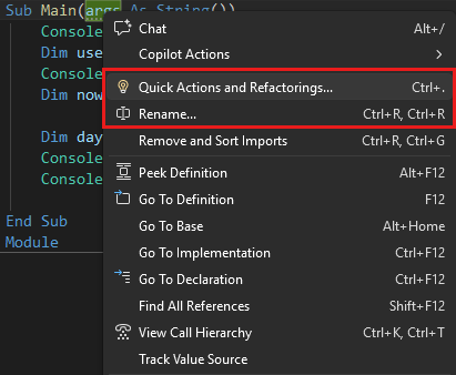  Visual Studio 中重构菜单的截图。
