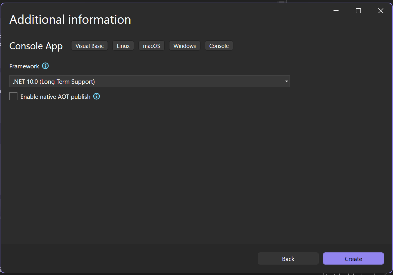 显示 Visual Studio 中“其他信息”窗口的屏幕截图，其中已选择 .NET 10.0 作为新项目的目标框架。