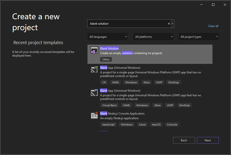 Screenshot 显示 Visual Studio 2022 的“创建新项目”窗口，搜索框中输入“空白解决方案”，并选择了“空白解决方案”项目模板。