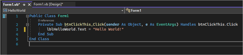 屏幕截图显示 Form1.vs 选项卡中的类，可在其中添加 Visual Basic 代码。