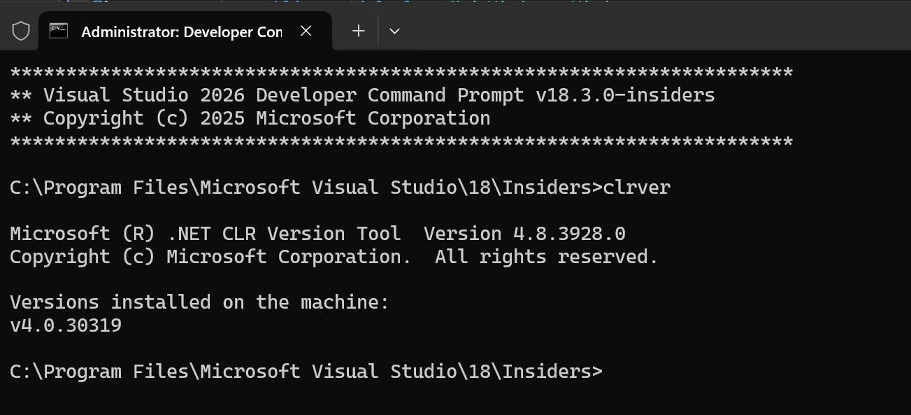 Visual Studio 开发人员命令提示符的屏幕截图。