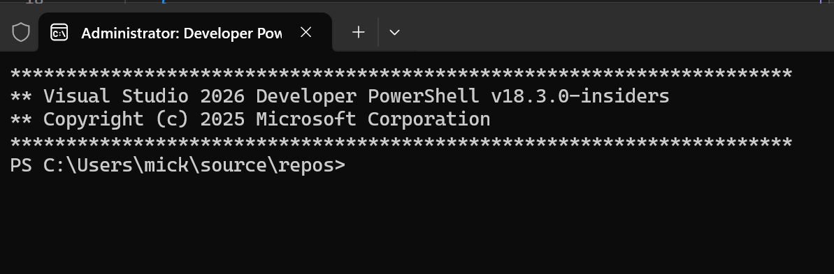 Visual Studio 中开发人员 PowerShell 工具的屏幕截图。