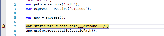 显示 JavaScript 代码的 Visual Studio Code 窗口的屏幕截图。左侧装订线中的红点与黄色箭头表明代码执行暂停。
