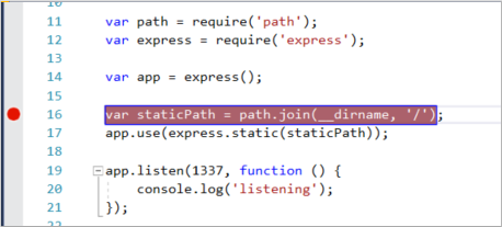 Visual Studio Code 窗口中显示 JavaScript 代码的屏幕截图。在左侧边缘的红点表示已设置断点。