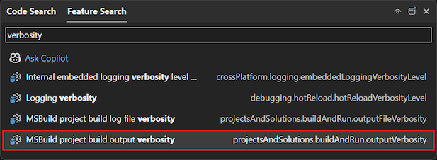 显示如何在 Visual Studio 中使用搜索框的屏幕截图。